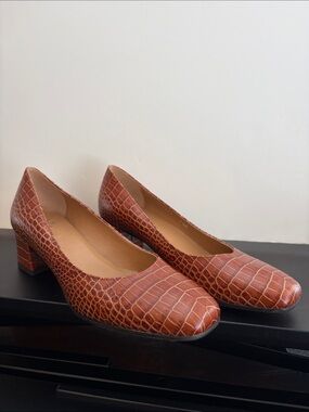 Aquatalia Croc-Embossed Block Heel Pumps in Brown